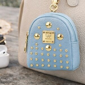 NEW Light Blue/Gold Studded Mini Backpack Bag Charm Keychain – Earbud Case